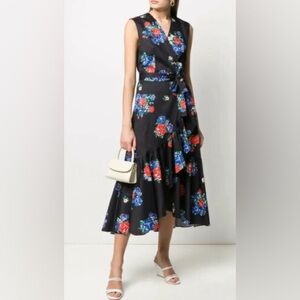 Tory Burch Black Tea Rose Floral Wrap Ruffle Hem Sleeveless Midi Dress